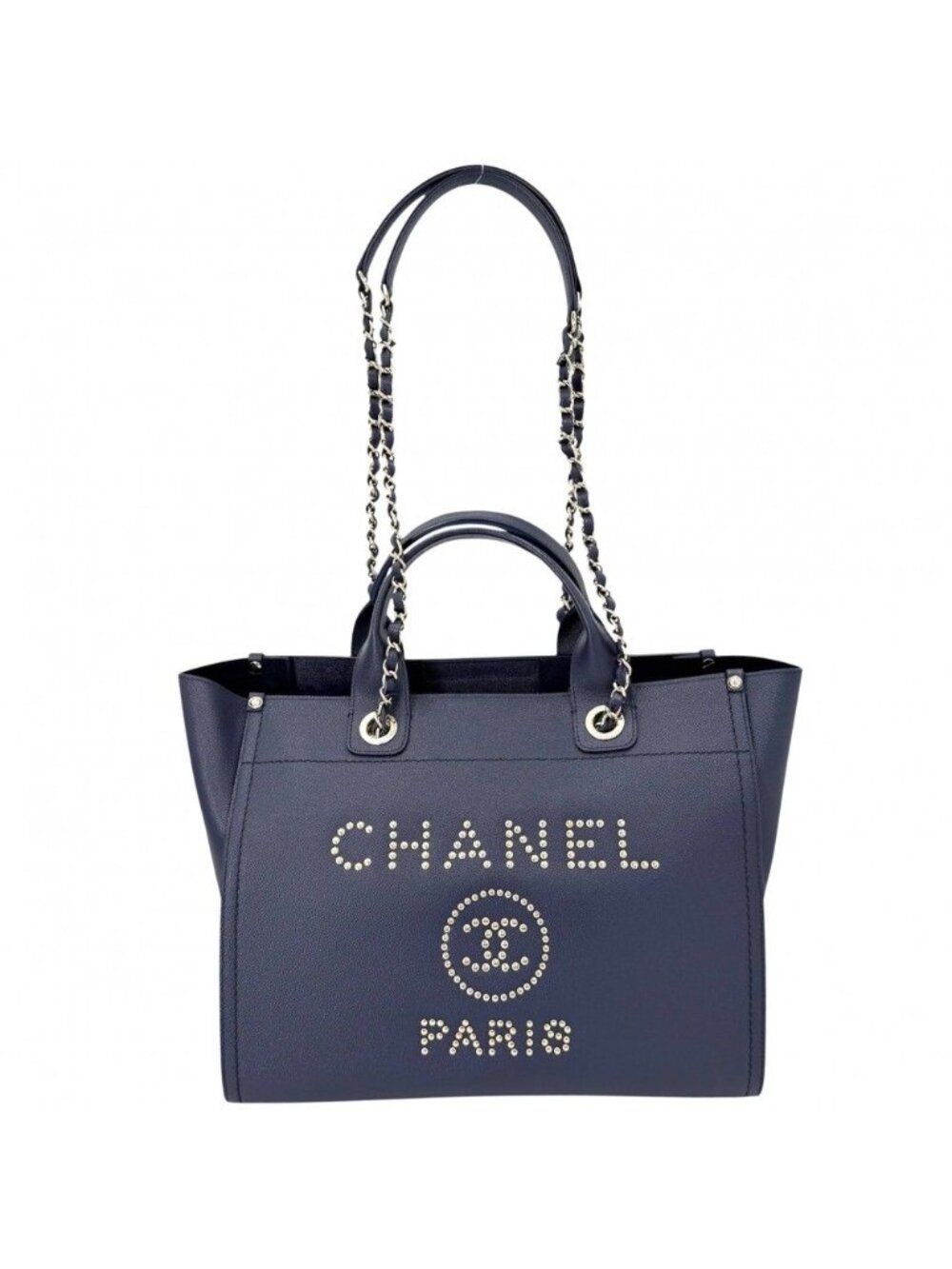 Chanel Tote Deauville MM Chain Shoulder Bag Studs Logo CC Caviar Leather Blue